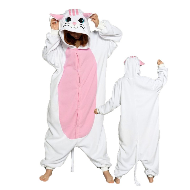 White Cat Costume Onesie for Women & Men Pajamas Halloween Outfit ...